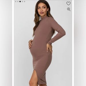 Mocha Ribbed Mock Neck Front Slit Maternity Dress